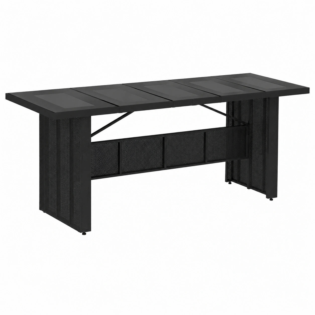 Moderner Gartentisch aus Poly-Rattan mit Glasplatte und Stahlrahmen, 240x90x75 cm, Schwarz