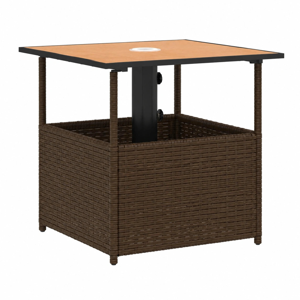 Garten Esstisch aus Polyrattan mit Schirmloch, Stahlrahmen, Braun